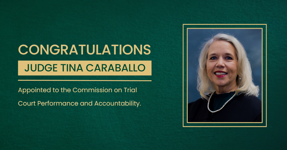 A photo of Judge Caraballo announcing her appointment to the Commission on Trial Court Performance and Accountability