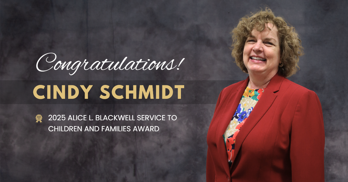 Photo of Cindy Schmidt with copy congratulating her on receiving the Blackwell Award.
