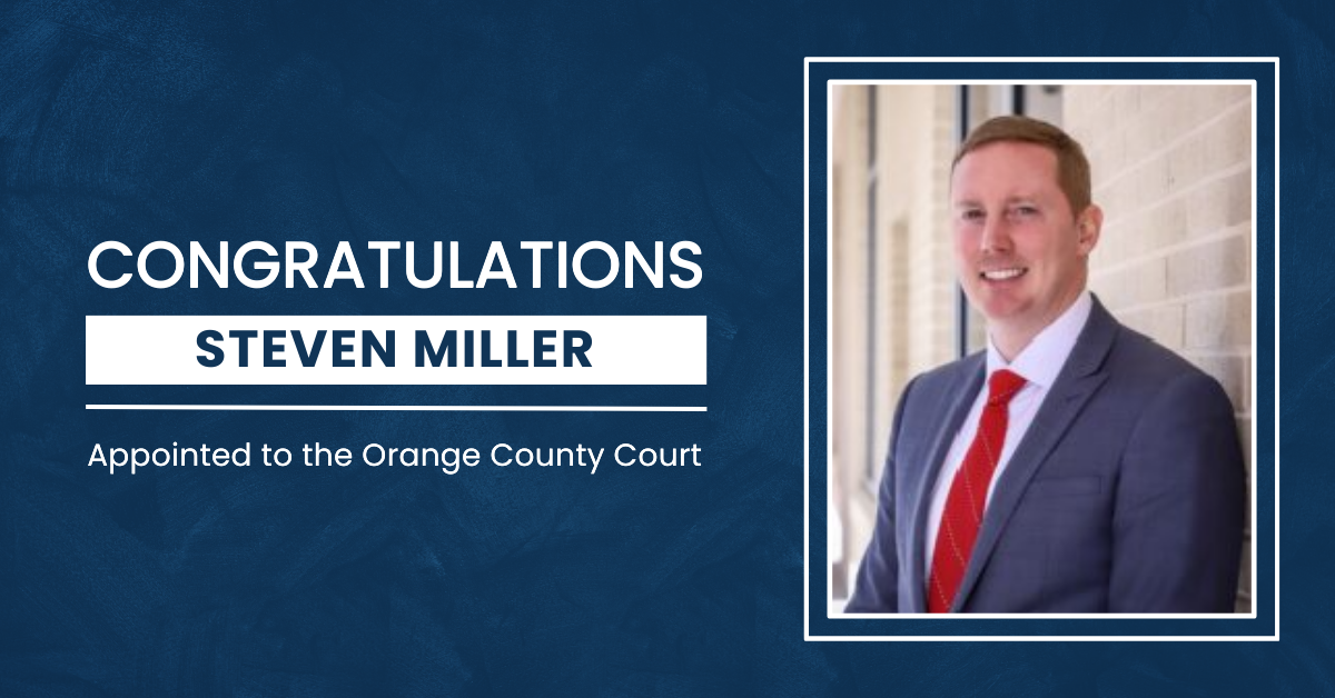 A photo of Steven Miller with copy congratulating him on his appointment to serve as a judge on the Orange County bench.