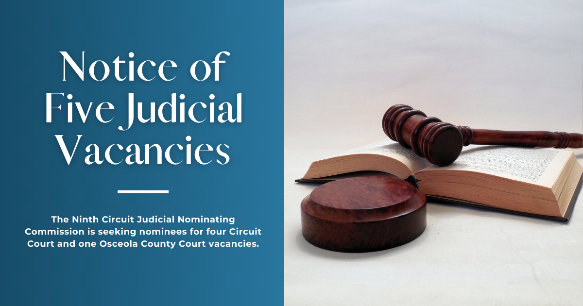 Image of a gavel and law book with copy announcing the notice of five judicial vacancies.
