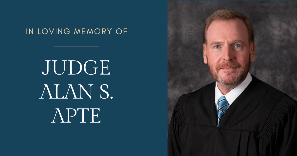 An image of retired judge Alan Apte with copy that reads: In loving memory of Judge Alan S. Apte.
