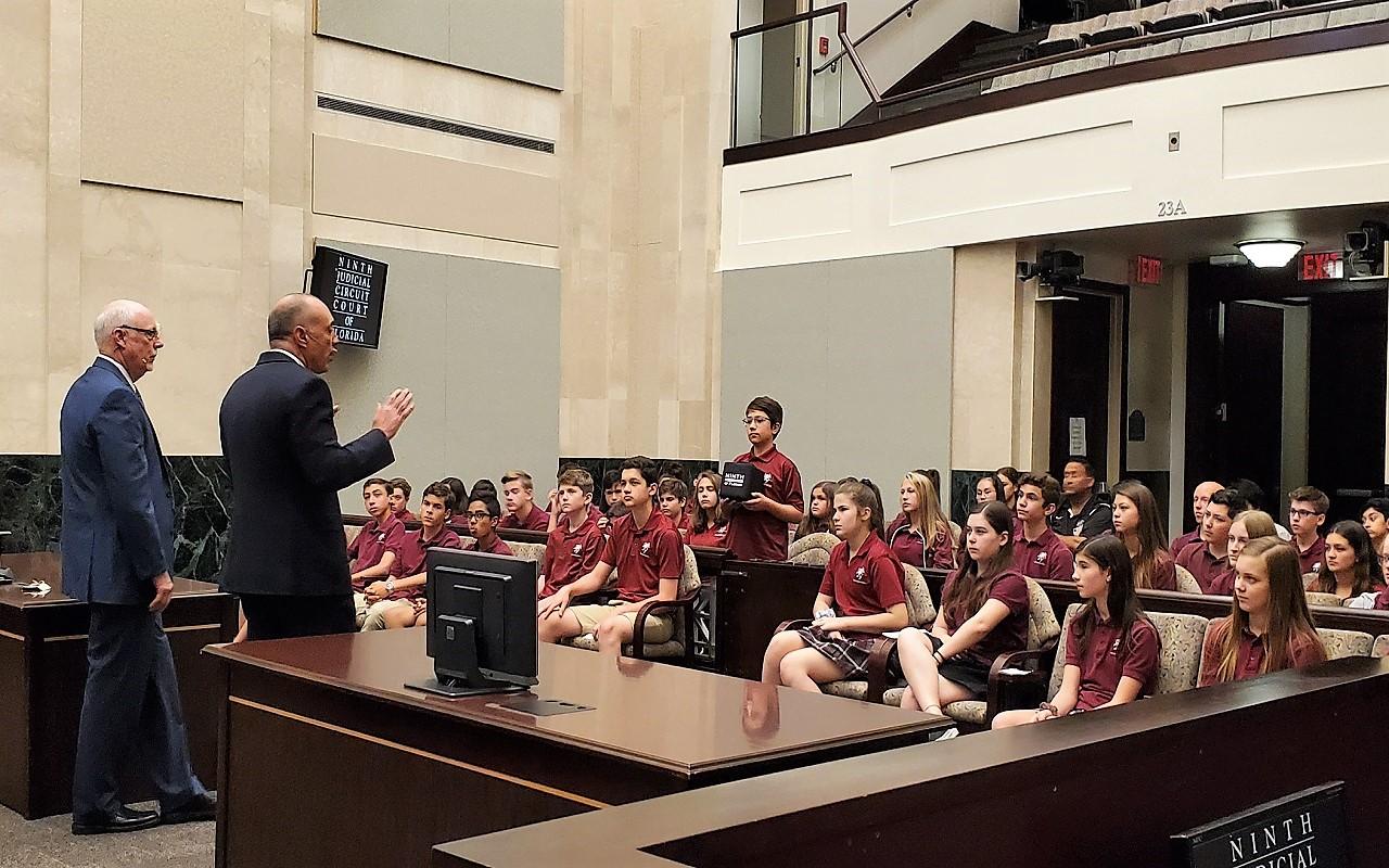Justice Lawson and Chief Judge Lauten talk to Lake Mary Prep students