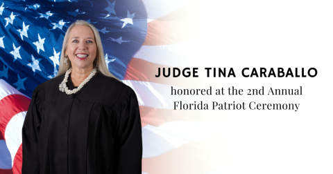 Picture of Judge Caraballo in front of the American flag with text reading that she was honored at the 2nd Annual Florida Patriot Ceremony