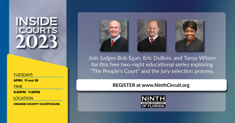 Pictures of Judges Egan, Dubois, and Wilson with text announcing the return of Inside the Courts.