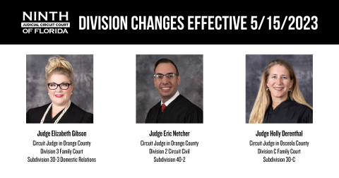 Image of three judges with text describing their division assignments as of May 15, 2023.
