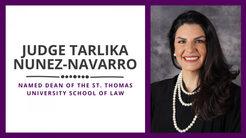 A photo of Judge Nunez-Navarro accompanied by text announcing she has been named Dean of the St. Thomas University School of Law