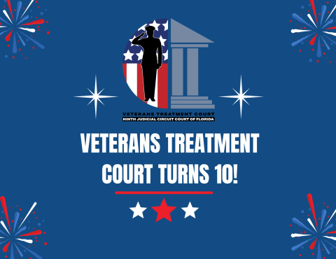 The Veterans Treatment Court logo on a blue background with red, white and blue fireworks and text that reads: Veterans Treatment Court turns 10!