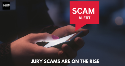 An image of a person holding a phone with text that reads jury scams are on the rise.