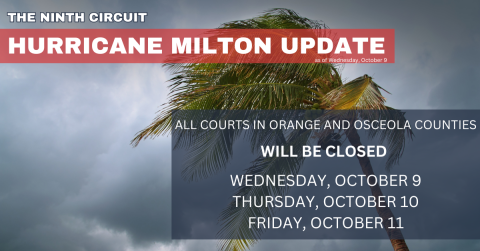 An image of storm clouds and a wind blown palm tree with text stating that courts are closed October 9-11.