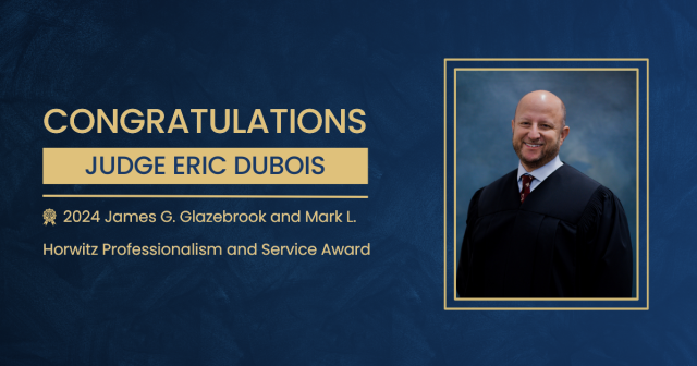 Picture of Judge DuBois announcing he is the recipient of the George C. Inn of Court 2024 James G. Glazebrook and Mark L. Horwitz Professionalism and Service Award 