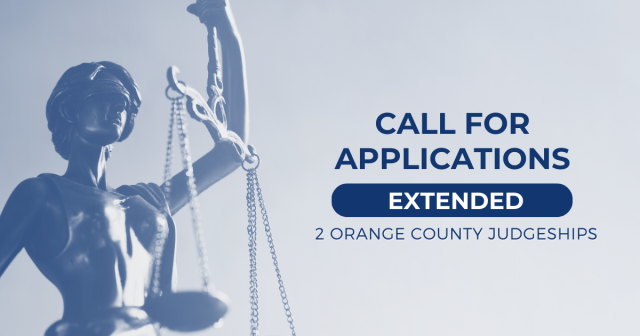 An image of lady justice blindfolded and holding scales with information about the call for applications for two judicial vacancies