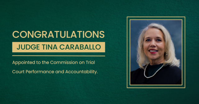 A photo of Judge Caraballo announcing her appointment to the Commission on Trial Court Performance and Accountability