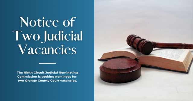 Image of a gavel and open law book with a notice stating the Judicial Nominating Committee is accepting application for two Orange County Court vacancies.